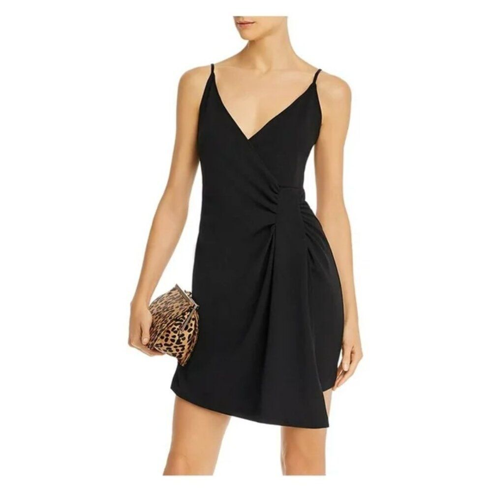 NWT AQUA LBD Black Spaghetti Strap Mini Cocktail Dress with side ruching LG NEW